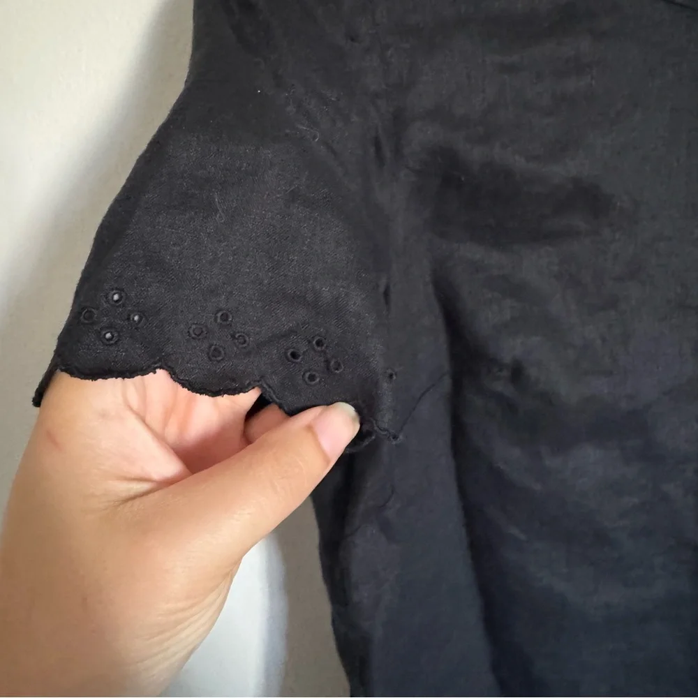 J. Crew Women Size 0 Linen Eyelet Lace Black Cross Open Back Blouse Top